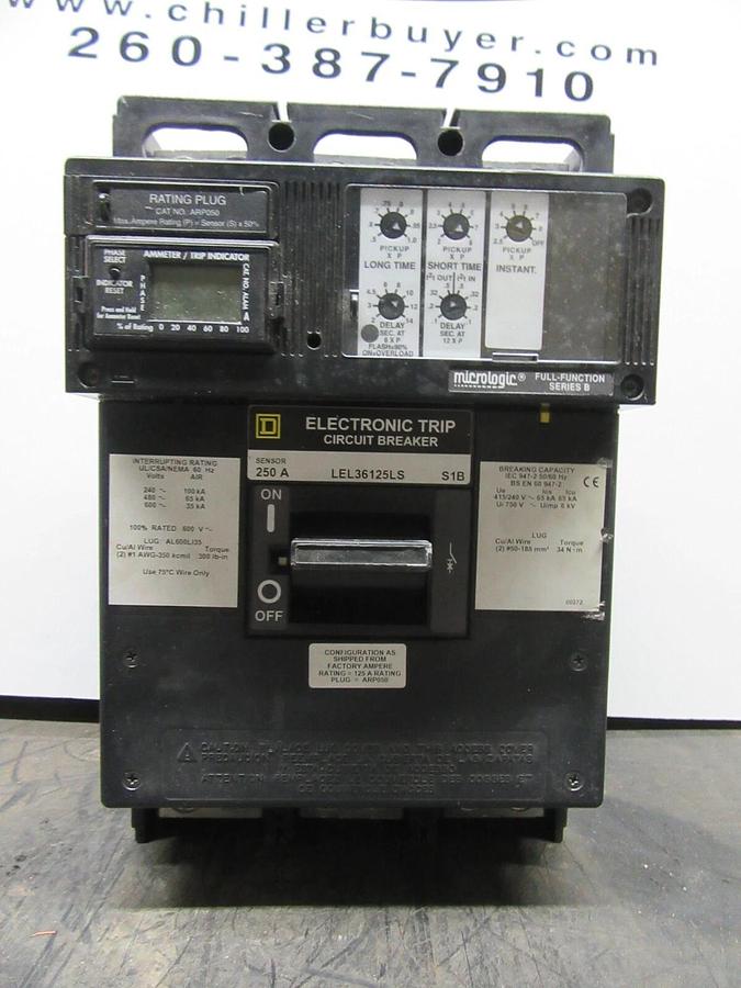 Used SQUARE D CIRCUIT BREAKER LEL36125LS W/ ARP050 250A SENSOR 600 VAC MICROLOGIC LSI