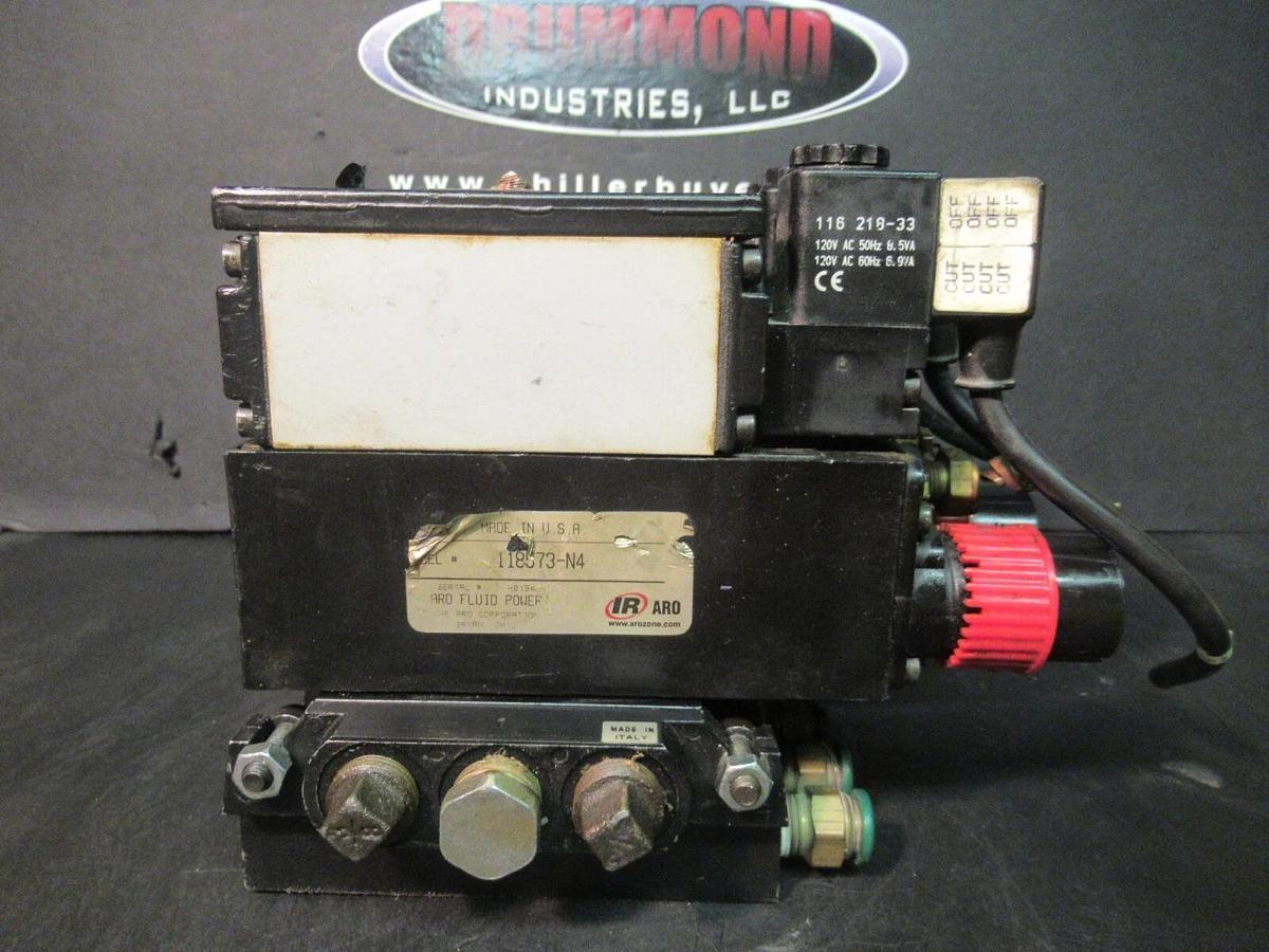 Used ARO FLUID POWER PNEUMATIC VALVE MANIFOLD 120 VAC 30-150 PSI --DAMAGED GAUGE--