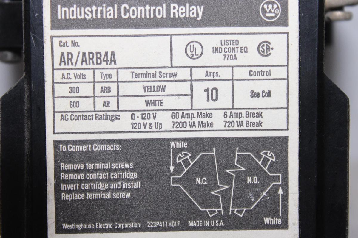 Used WESTINGHOUSE INDUSTRIAL CONTROL RELAY ARB4A 10 AMP 600 VAC