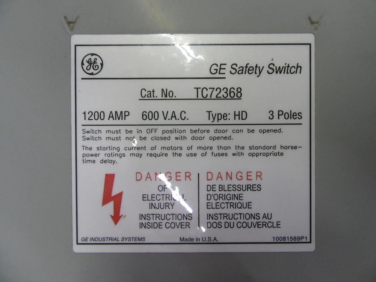 Used GE 1200 AMP HEAVY DUTY FUSIBLE SAFETY SWITCH 600 / 480 VAC CAT# TC72368R NEMA 3R
