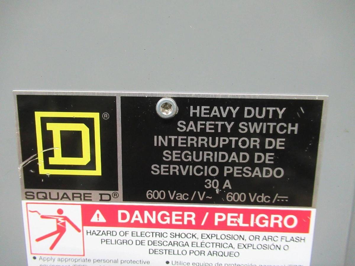 Used SQUARE D SAFETY SWITCH HU361 30 AMP 600 VAC 30 HP 3-POLE TYPE 1 ENCLOSURE