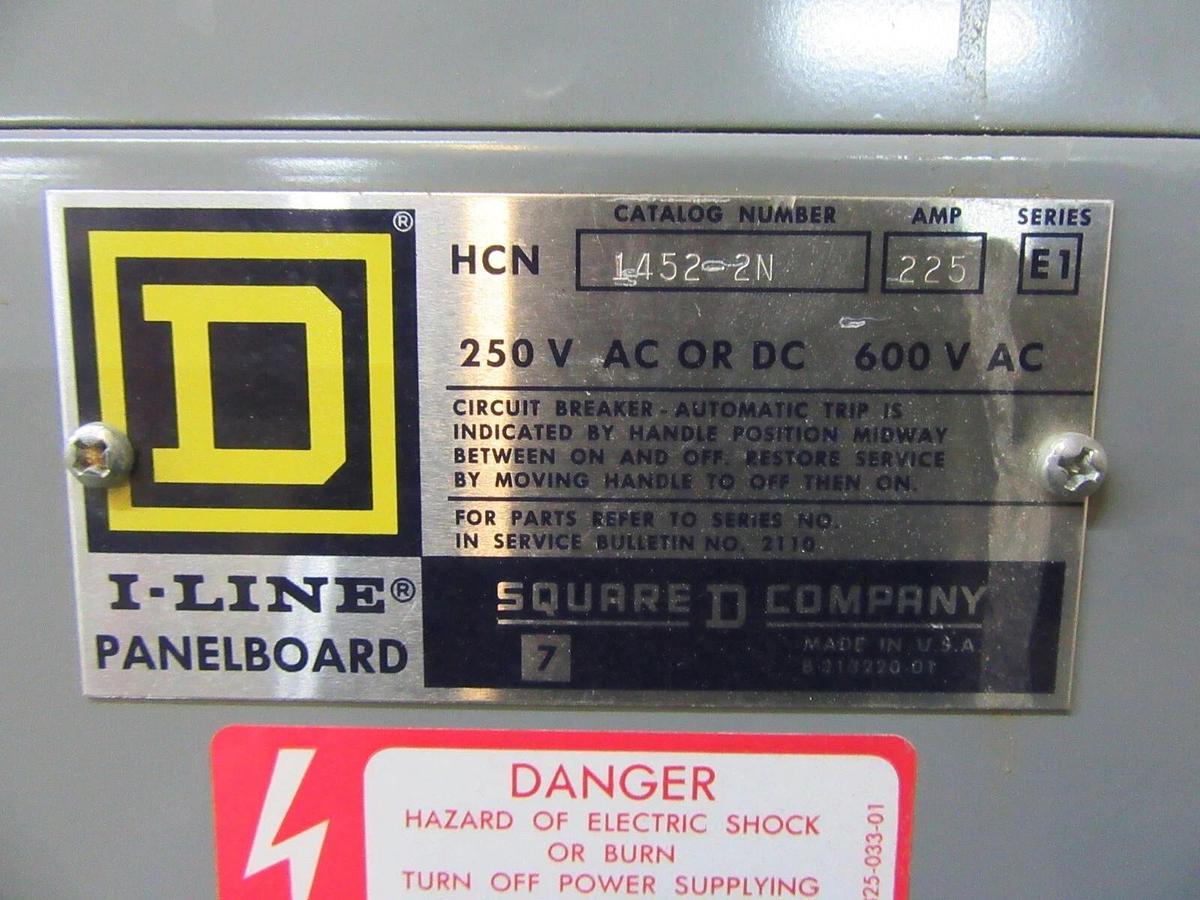 Used 225 AMP SQUARE D I-LINE PANELBOARD PANEL MAIN LUG MLO 3 PH 4 W 600 / 480 VAC E1