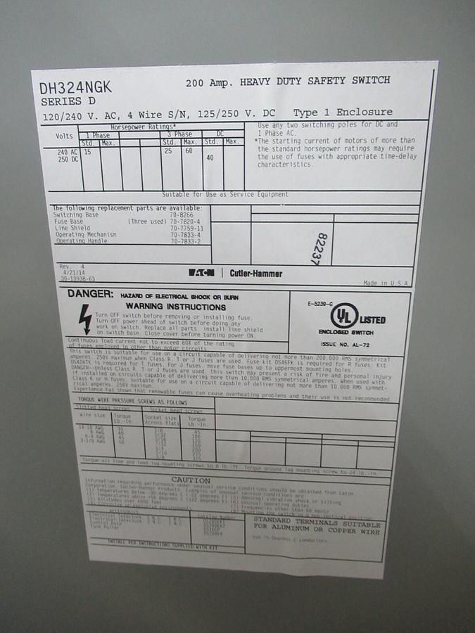NIB EATON 200 AMP HEAVY DUTY SAFETY SWITCH DH324NGK TYPE 1 3-POLE 60 HP 240 V