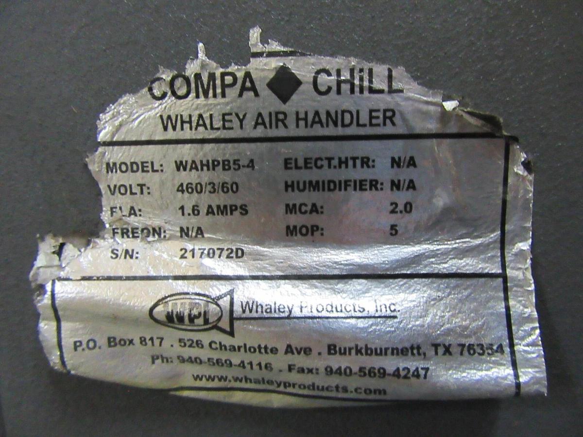 Used 5 TON WHALEY COMPA CHILL AHU AIR HANDLER 460 VAC 3 PH 1.5" FNPT IN / OUT WAHPB5