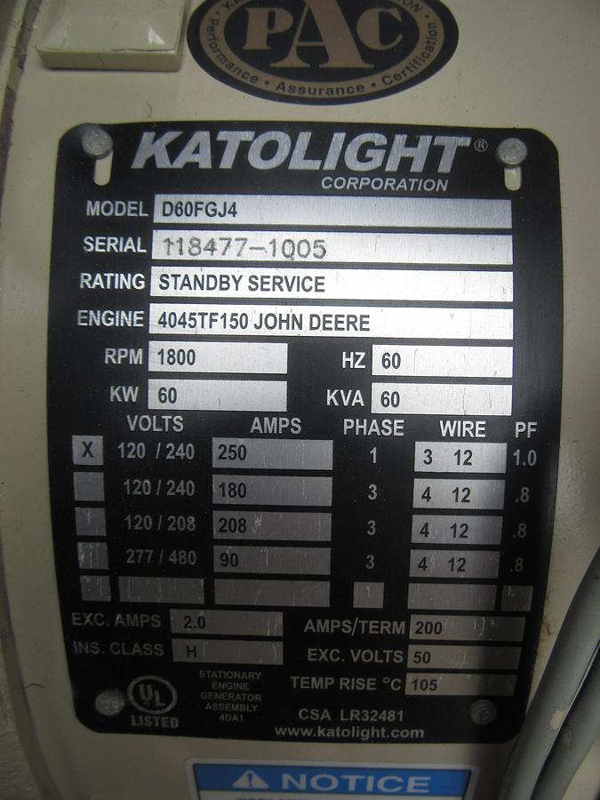 Used 60 KW DIESEL GENERATOR KATOLIGHT 120/240V RE-CONNECTABLE SOUND ENCLOSED 204 HRS
