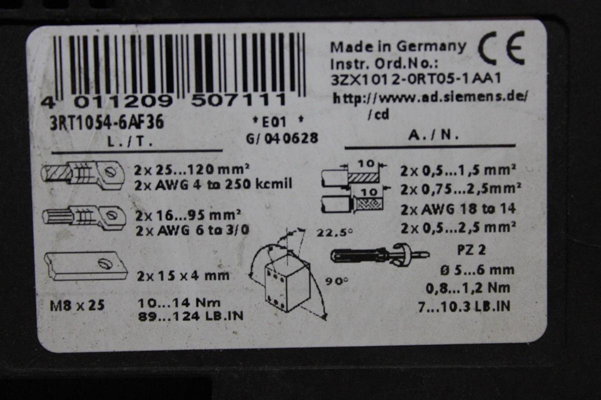 Used SIEMENS SIRIUS CONTACTOR 3RT1054-6...6 600 VAC 140 AMP 125 HP 3-POLE 3-PHASE