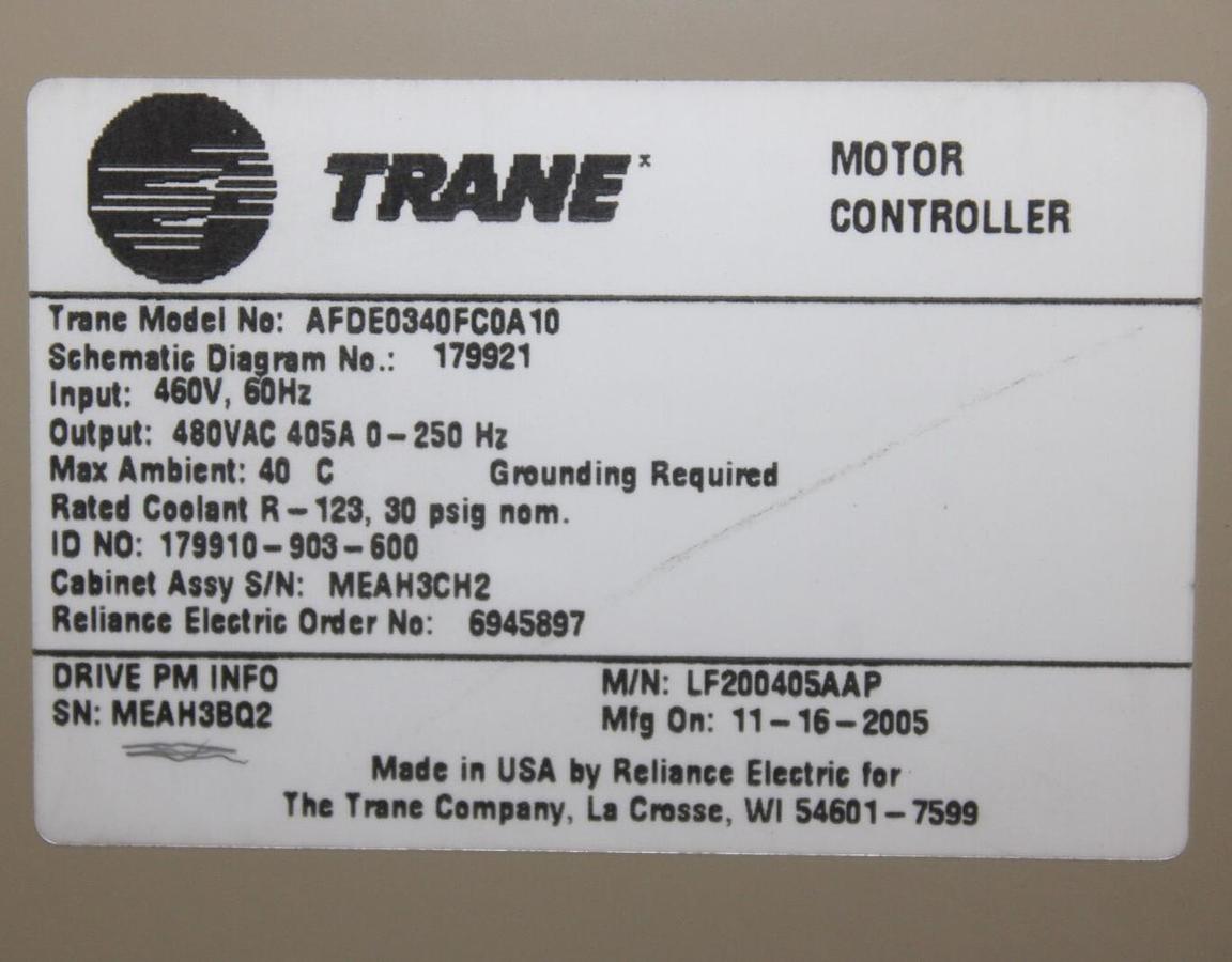 Used TRANE CHILLER LIQUIFLO ADAPTIVE FREQUENCY DRIVE LF200405AAP 480V 405 AMP 337 KVA