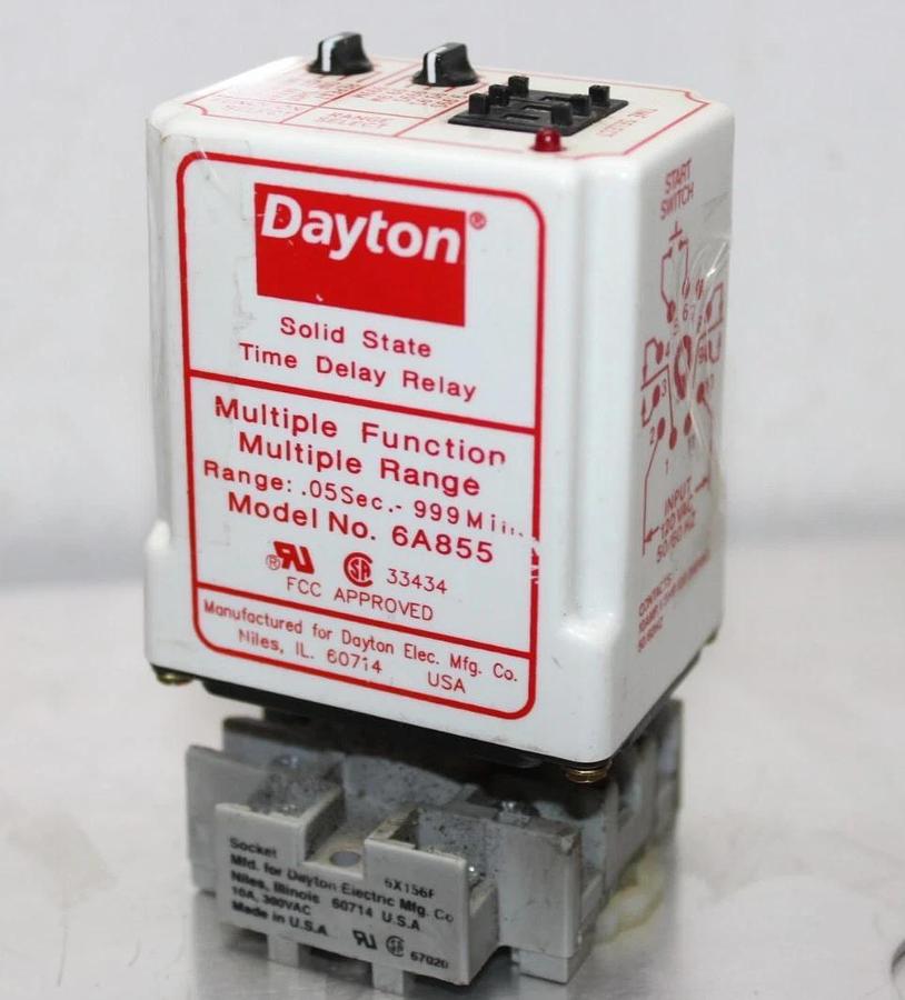 Used DAYTON TIME DELAY RELAY 6A855 0.05 SEC TO 999 MIN 120/240 VAC 10 AMP 1/3 HP