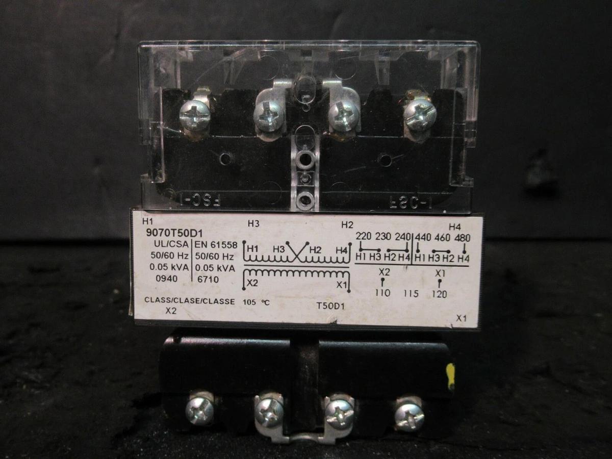 Used 0.05 KVA (50 VA) SQUARE D CONTROL TRANSFORMER 240 / 480 V TO 120 VAC 9070T50D1