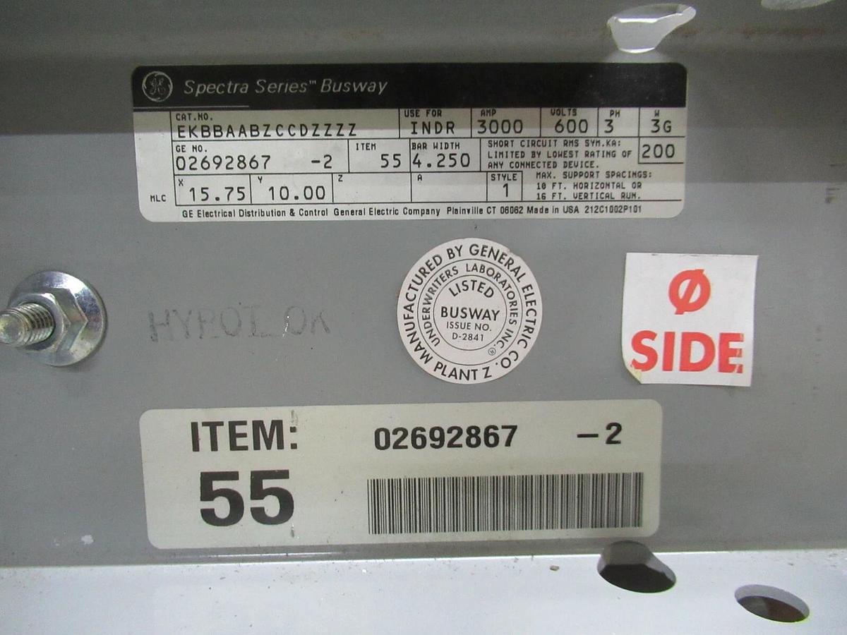 Used 3000 AMP GE SPECTRA SERIES 90° EDGEWISE BUSWAY ELBOW 02692867 600 V 3 PH 3 W W/G