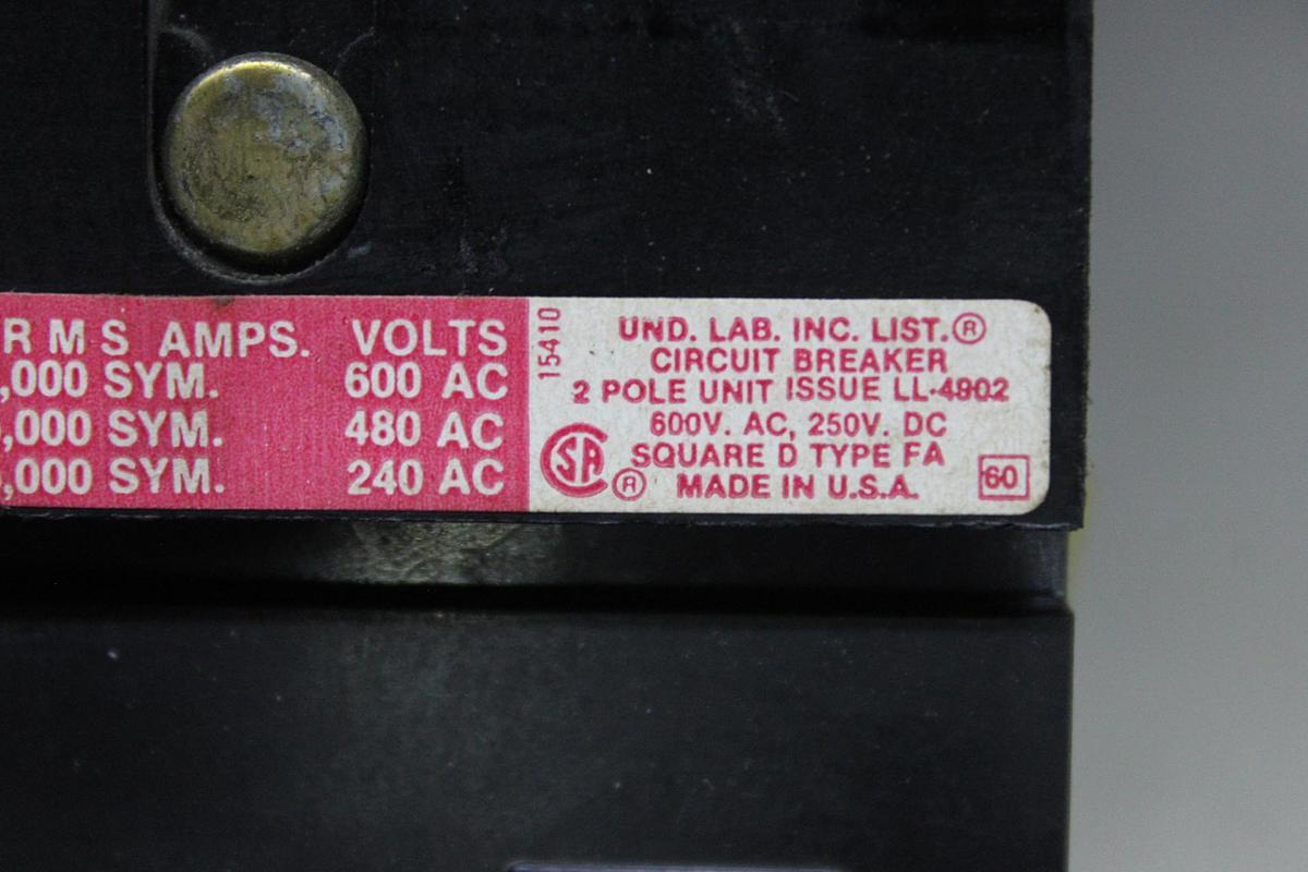 Used SQUARE D I-LINE CIRCUIT BREAKER FH36020 20 AMP 600 VOLT 3-POLE