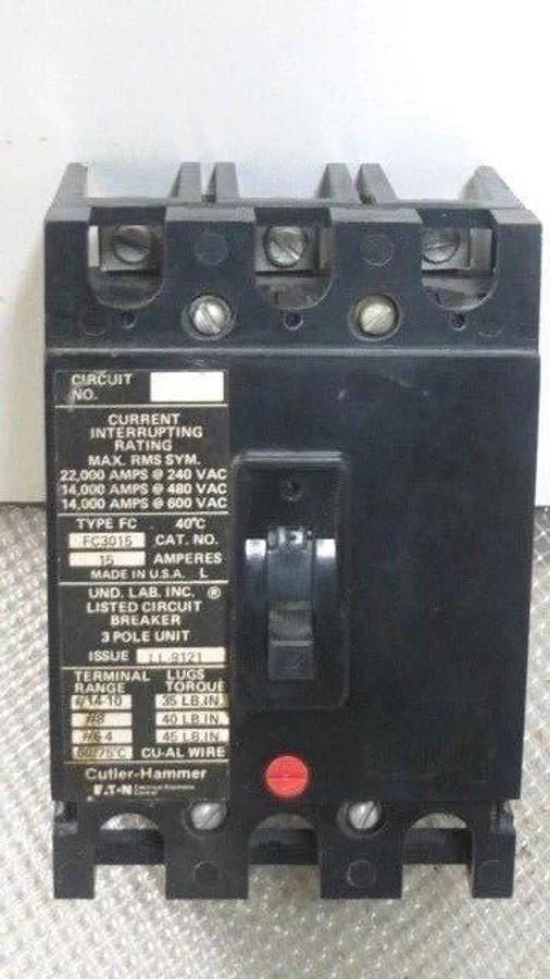 Used CUTLER HAMMER FC BREAKER 15 AMP 600 VAC 3 POLE MODEL FC3015 **WARRANTY**