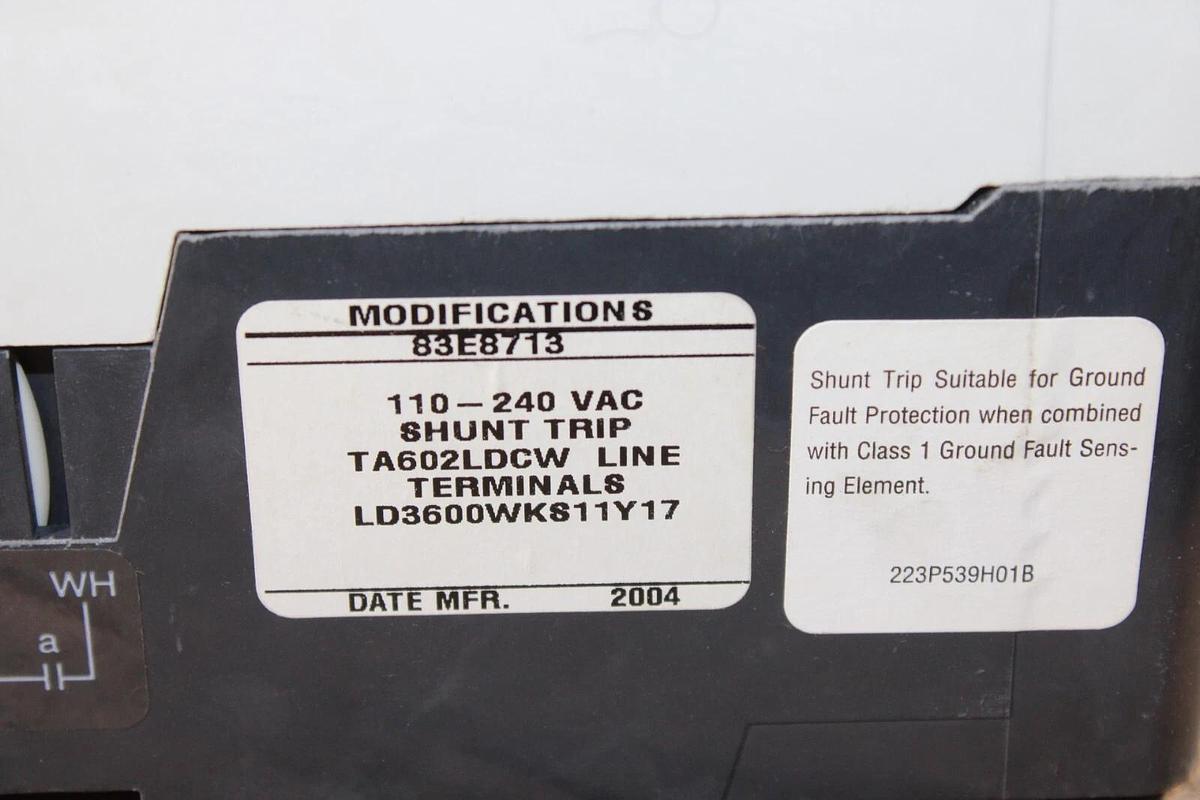 Used CUTLER HAMMER MOLDED CASE SWITCH LD3600WKS11Y17 600 AMP 600 VAC 3-POLE