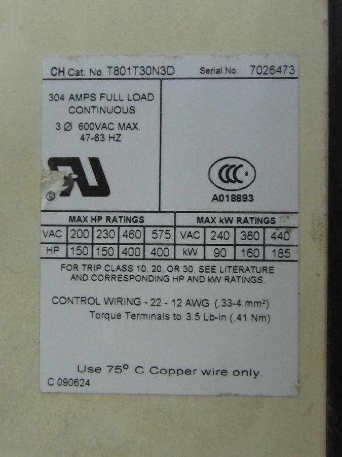 Used 304 AMP CONTINUOUS EATON CUTLER HAMMER INSIDE THE DELTA SOFT STARTER T801T30N3D