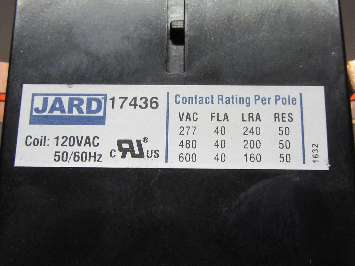 Used JARD CONTACTOR 17436 600 VAC 40 AMP 3-POLE 3-PHASE COIL: 120 VAC