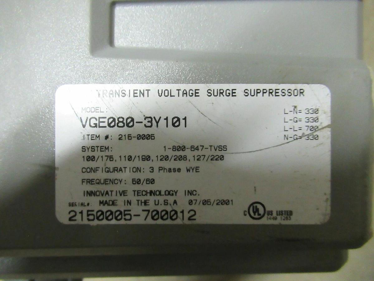 Used INNOVATIVE TECHNOLOGIES VANGUARD TRANSIENT VOLTAGE SURGE SUPPRESSOR VGE080-3Y101