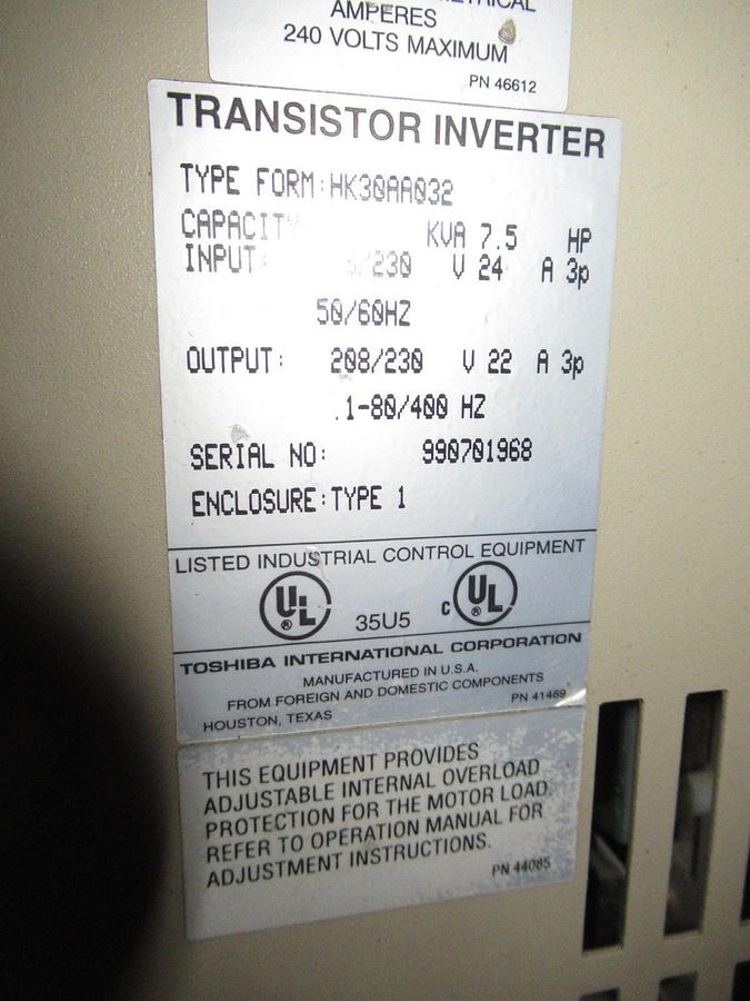 Used TOSHIBA VARIABLE SPEED DRIVE HK30AA032 230V 7.5HP 24A 3 PHASE TYPE: 1