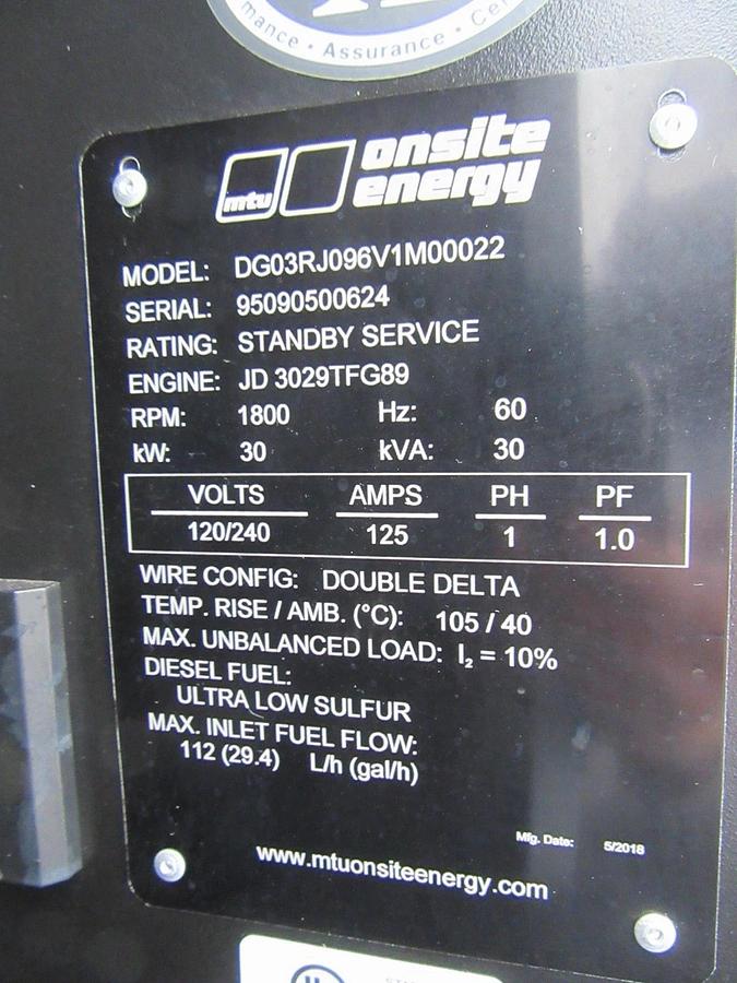 Used 30 KW DIESEL GENERATOR MTU 120/240V JOHN DEERE SOUND ENCLOSED 196 HRS VIDEO