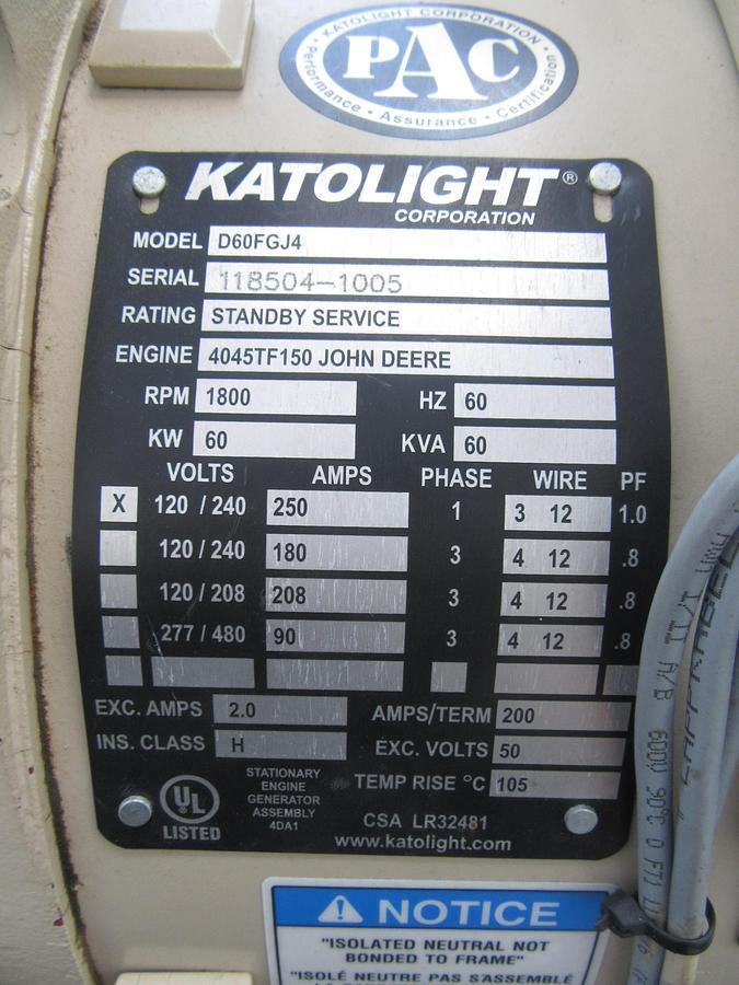 Used 60 KW DIESEL GENERATOR KATOLIGHT 120/240V RE-CONNECTABLE 536 HRS VIDEO WE SHIP