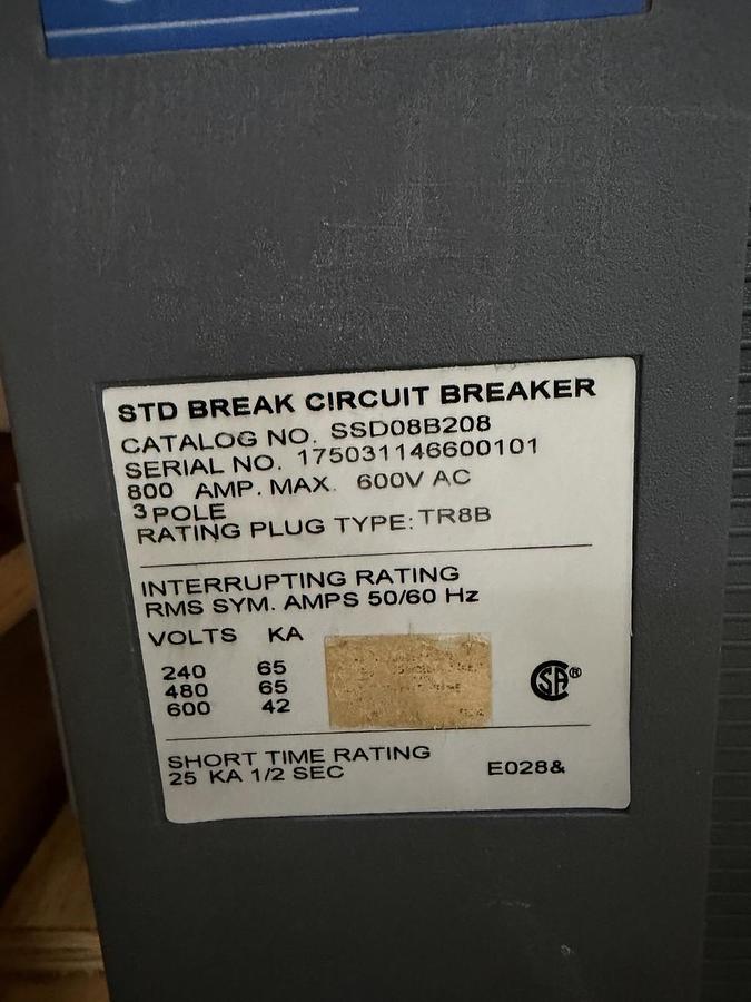 Used GE SSD08B208 800 AMP BREAKER MICRO VERSA TRIP LSI SHUNT BELL ALARM W/ PAPERWORK