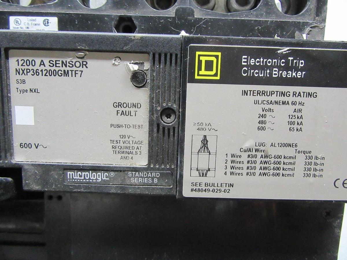 Used SQUARE D NXL BREAKER NXP361200GMTF7 1200 AMP 600 VAC W/ ARP100 MICROLOGIC LSIG
