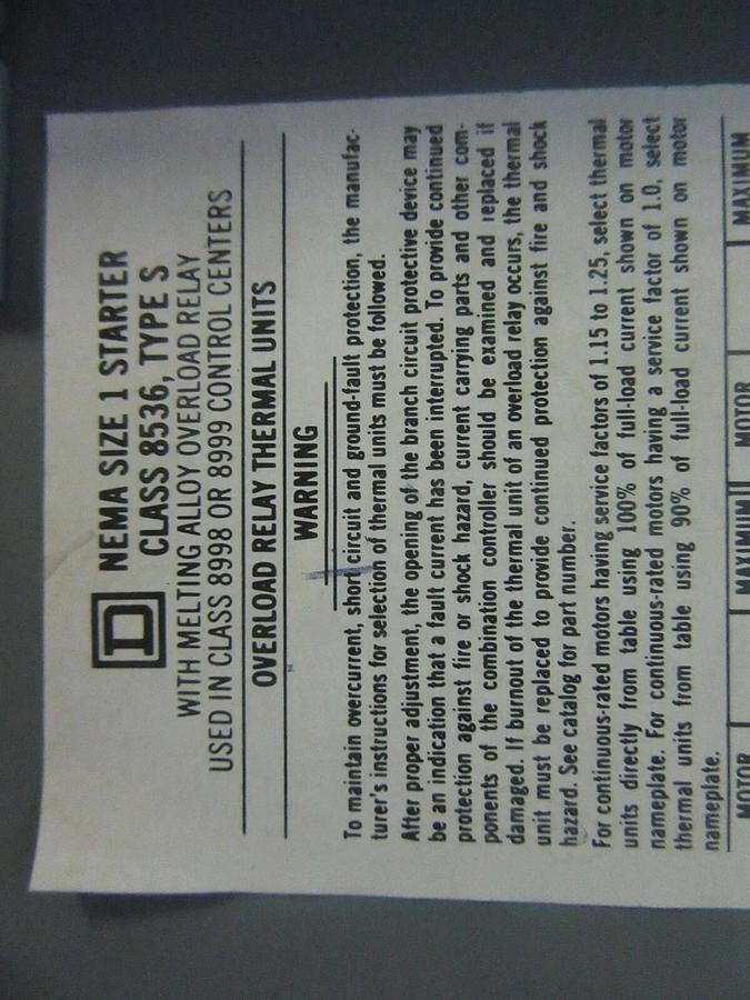 Used SQUARE D MCC FUSIBLE STARTER BUCKET 8998-NE-403 SER. B 12" MODEL: 4 NEMA 1