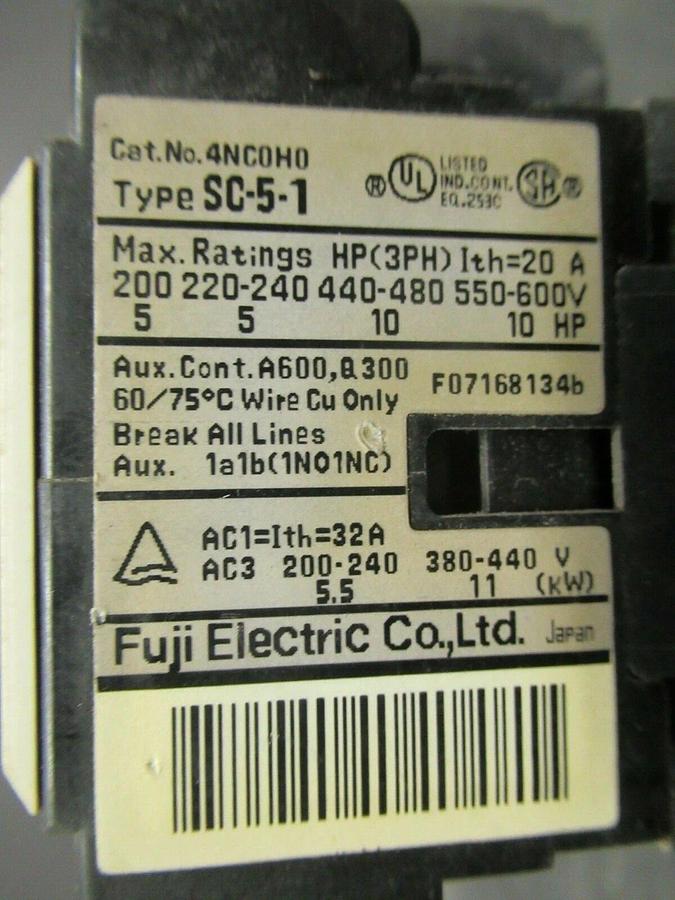 Used FUJI ELECTRIC CONTACTOR 4NC0H0 600 VAC 20 AMP **WARRANTY INCLUDED!**