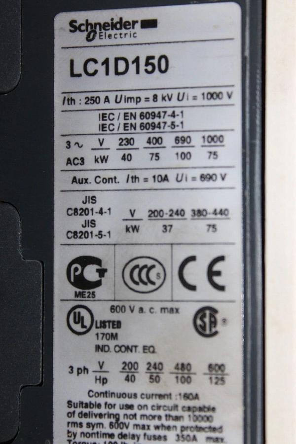 Used SCHNEIDER CONTACTOR LC1D150 250 AMP 600 VAC 3-POLE 125 HP **WARRANTY**