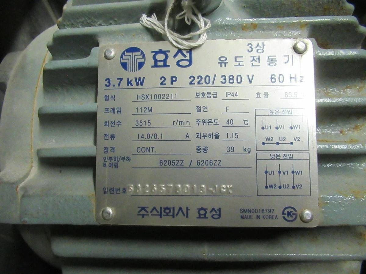 Used SHINHO ASE FAN W/ HYOSUNG MOTOR HSX1002211 3515 RPM 1.15 SF 3.7 kW 380V 14A