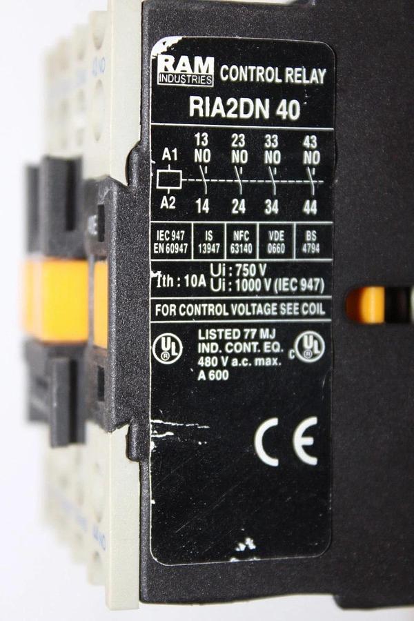 Used RAM CONTROL RELAY RIA2DN40 10 AMP 750 VOLT COIL: 120V **LOT OF 2**