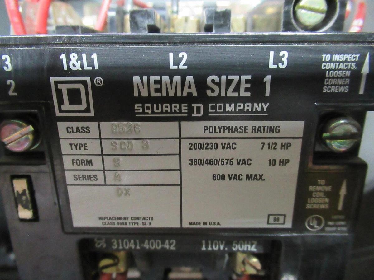 Used SQUARE D MCC MOTOR CONTROL STARTER 12" MODEL 5 W/ NEMA SIZE 1 8536SCO3 30 AMP