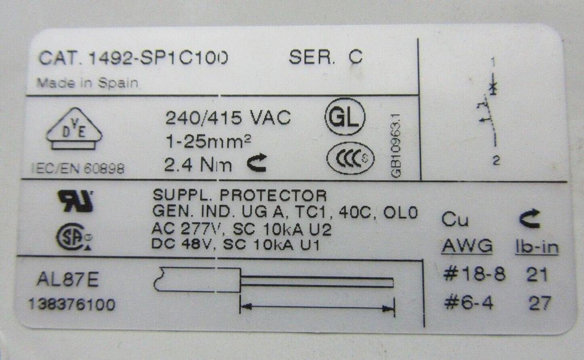 Used ALLEN BRADLEY BREAKER 1492-SP1C100 10 AMP 277 VAC SINGLE POLE **WARRANTY**