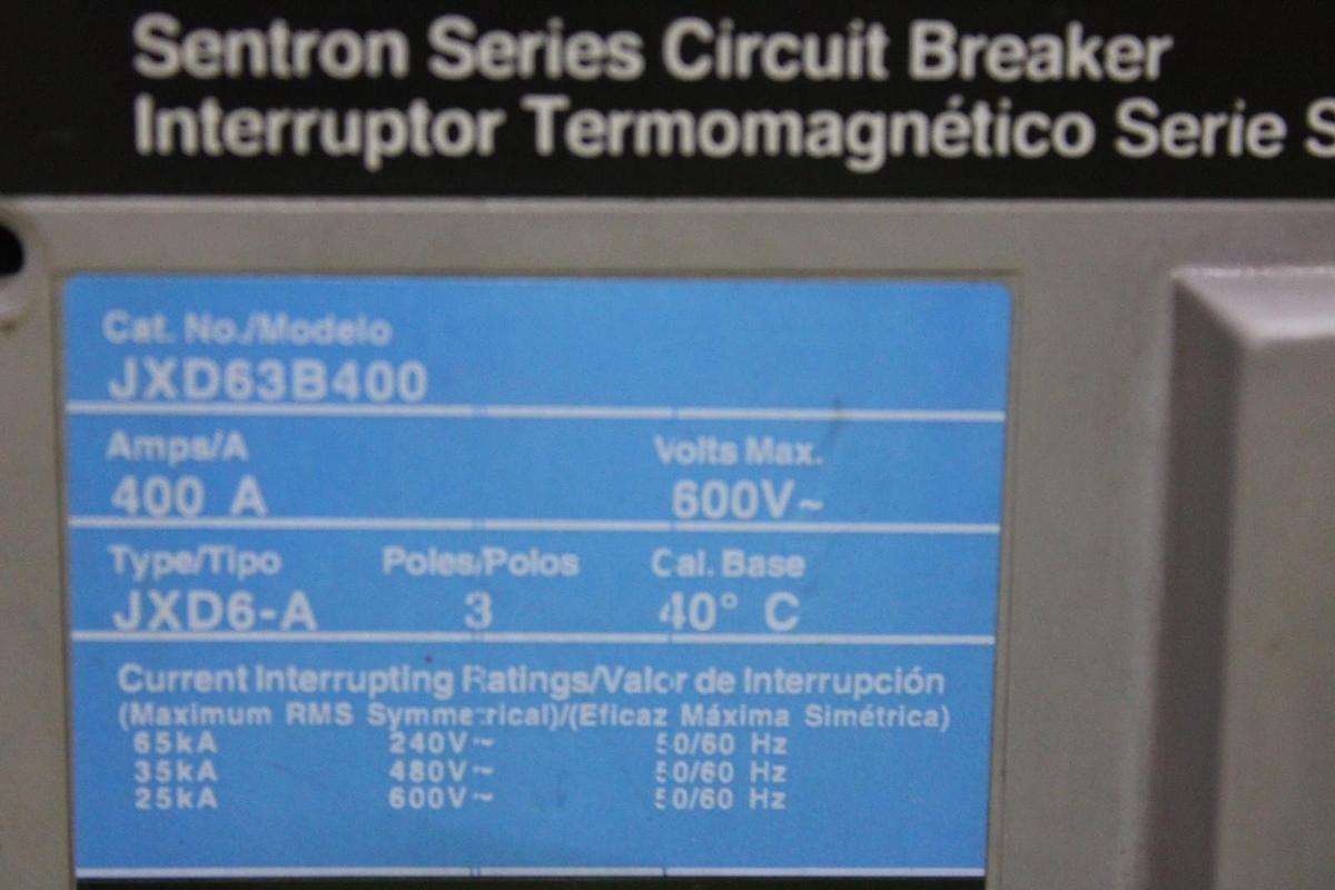Used SIEMENS SENTRON CIRCUIT BREAKER JXD63B400 400 AMP 3-POLE 600 VAC JXD6-A
