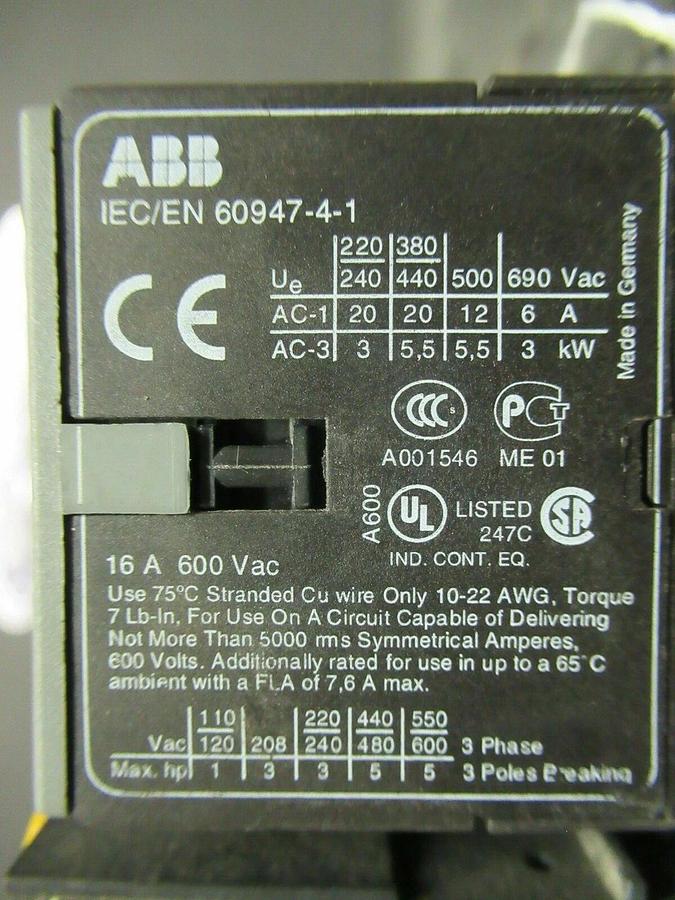 Used 16 AMP ABB STARTER B7-30-10 600 VAC 5 HP COIL: 24 VAC W/ T7DU OVERLOADS 4-6 AMP