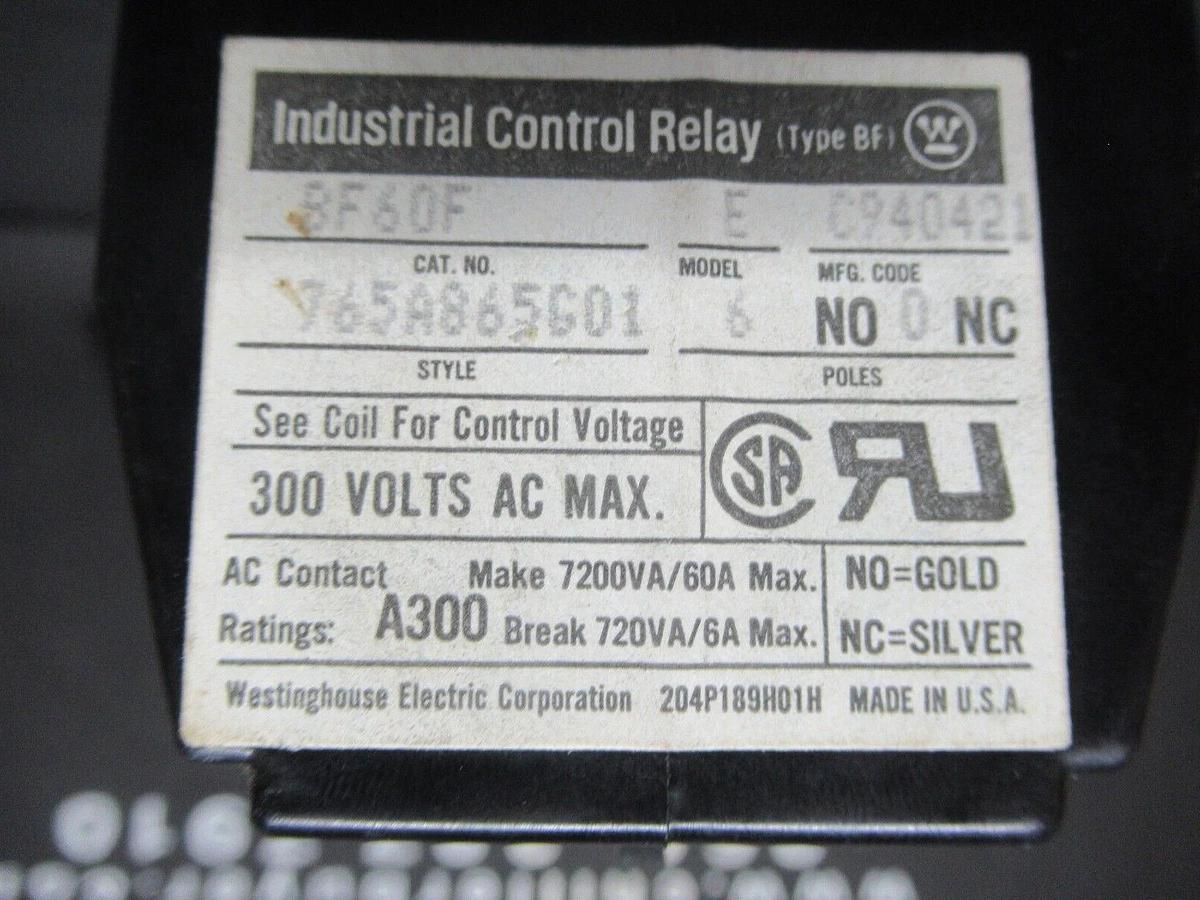 Used WESTINGHOUSE INDUSTRIAL CONTROL RELAY BF60F MODEL E 6-POLE 60 AMP 120 VAC