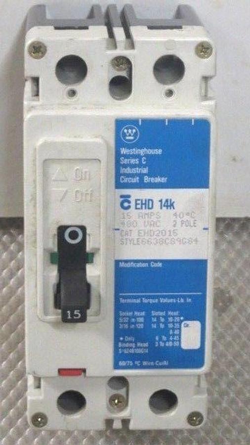 Used WESTINGHOUSE EHD 14K BREAKER 15 AMP 480 VAC 2 POLE MODEL EHD2015 **WARRANTY!**