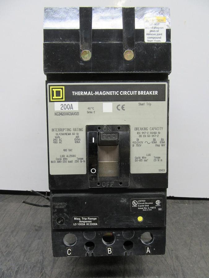 Used SQUARE D I-LINE CIRCUIT BREAKER KC34200CBA1021 200 AMP 480 VAC W/ SHUNT TRIP