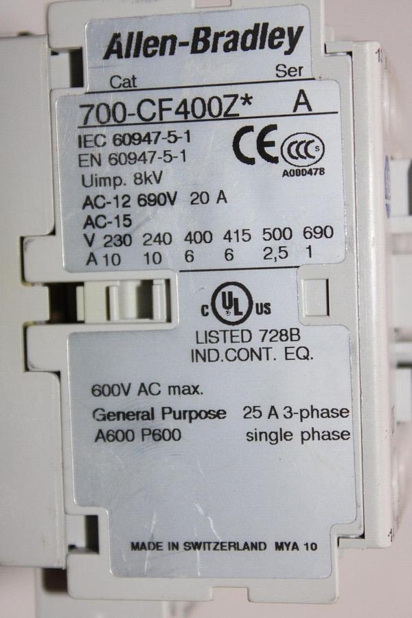 Used ALLEN BRADLEY CONTACTOR 700-CF400Z* 600 VAC 25 AMP 3-POLE COIL: 24 VDC