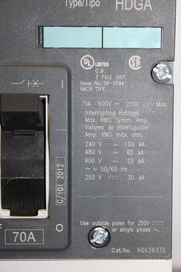 Used SIEMENS CIRCUIT BREAKER HDX3B070 70 AMP 3-POLE 600 VAC **WARRANTY**
