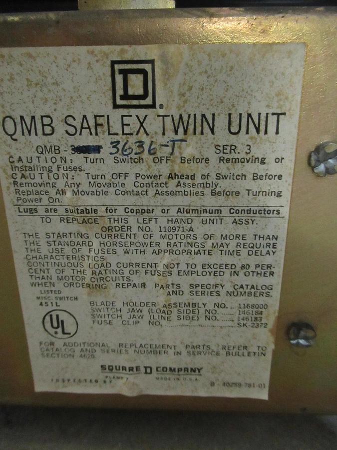Used SQUARE D QMB SAFLEX TWIN UNIT QMB-3636-T 60/30 AMP 600 VAC 3-POLE 40/20 HP