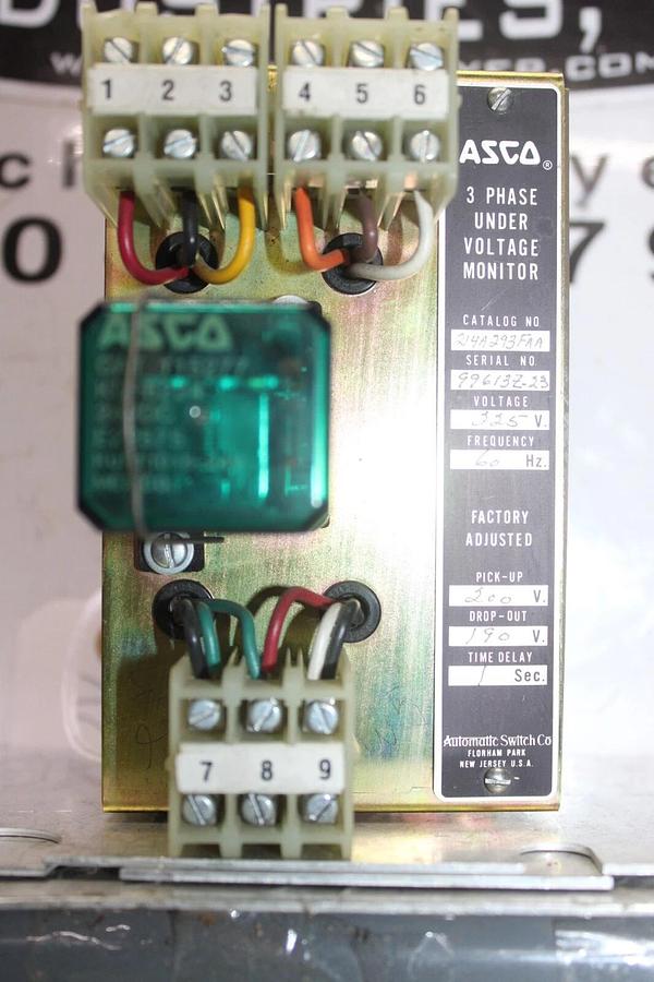 Used ASCO 3-PHASE UNDERVOLTAGE MONITOR 214A293FAA 225 VOLT 1-SECOND DELAY