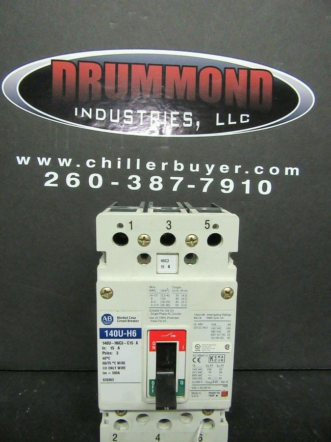 Used 15 AMP ALLEN BRADLEY 140U-H6 BREAKER 140U-H6C3-C15 3 POLE 480 VAC **WARRANTY**
