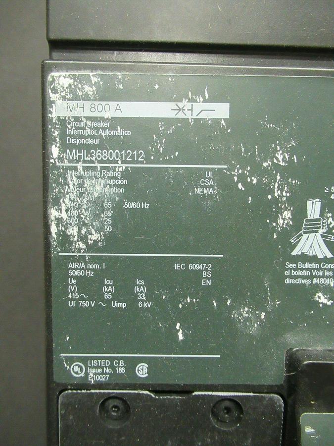 Used SQUARE D CIRCUIT BREAKER MHL368001212 600 VAC 800 AMP W/ AUX SWITCH