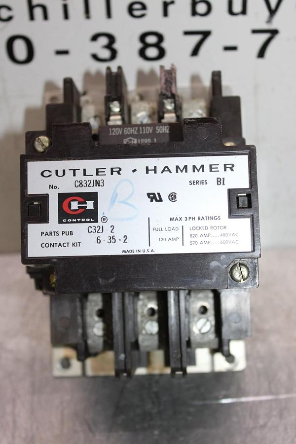 Used CUTLER-HAMMER CONTACTOR C832JN3 NEMA SIZE 3 120 AMP 600 VAC 3-POLE COIL: 120 V