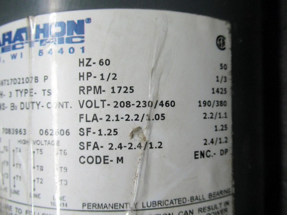 Used MARATHON MOTORS G2C3 DVF56T17D2107BP 3 PHASE 480 VOLT 2.2 AMP 0.5 AMP 1725 RPM