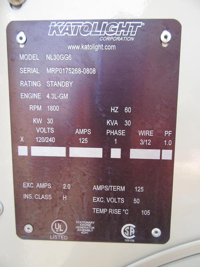 Used 30 KW NATURAL GAS PROPANE GENERATOR KATOLIGHT 120/240V RE-CONNECTABLE 347HRS VIDEO WE SHIP
