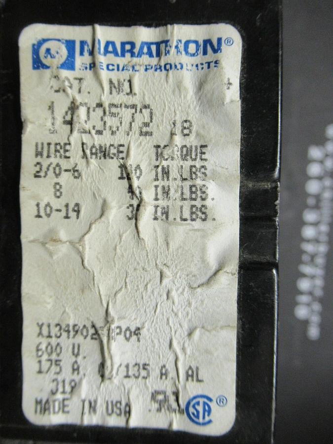 Used MARATHON 1423572 DISTRIBUTION LUG SET 175 AMP CU 135 A AL 600 V 3 PH 2/0 - 14