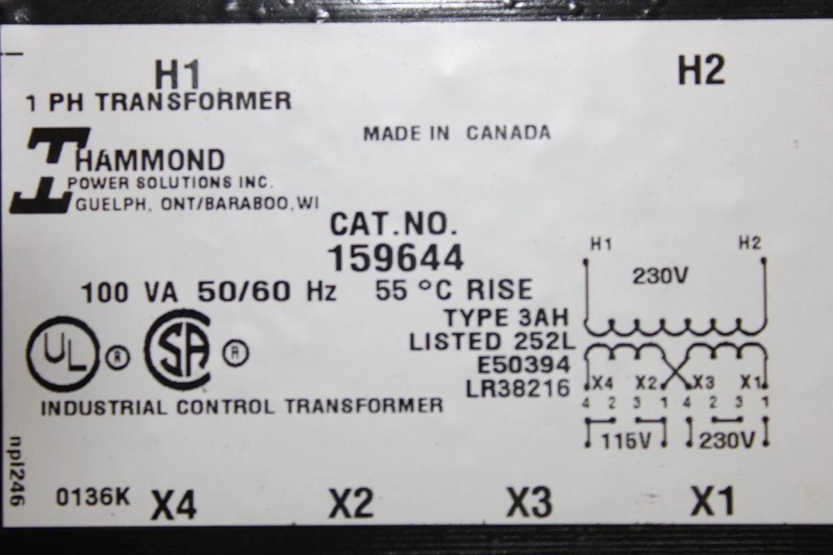 Used HAMMOND CONTROL TRANSFORMER 159644 SINGLE PHASE 100 VA 230V HIGH 115/230V LOW