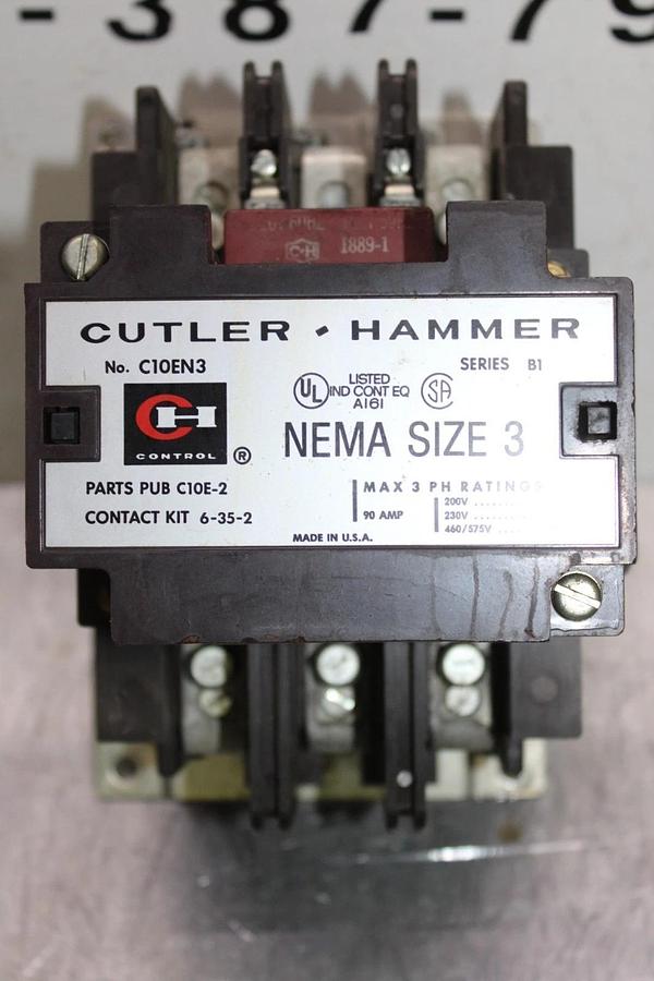 Used CUTLER-HAMMER CONTACTOR C10EN3 NEMA SIZE 3 90 AMP 600 VAC 3-POLE COIL: 120 V