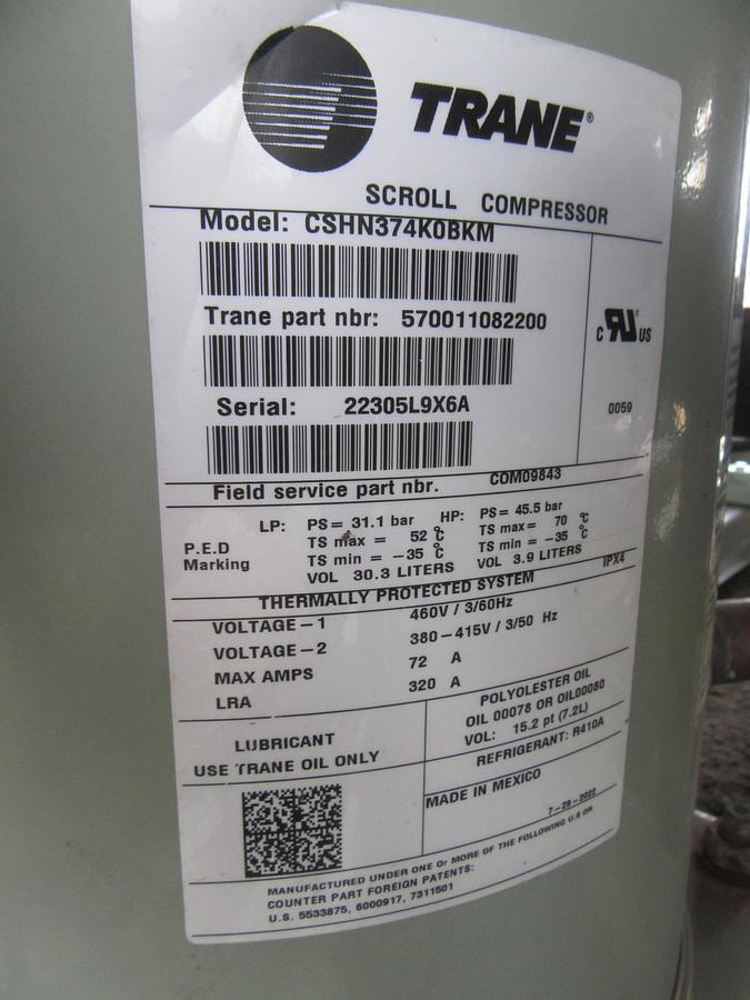 Used 2015 TRANE 120 TON AIR COOLED CHILLER 460 VOLT 410A 125 TON CGAM120